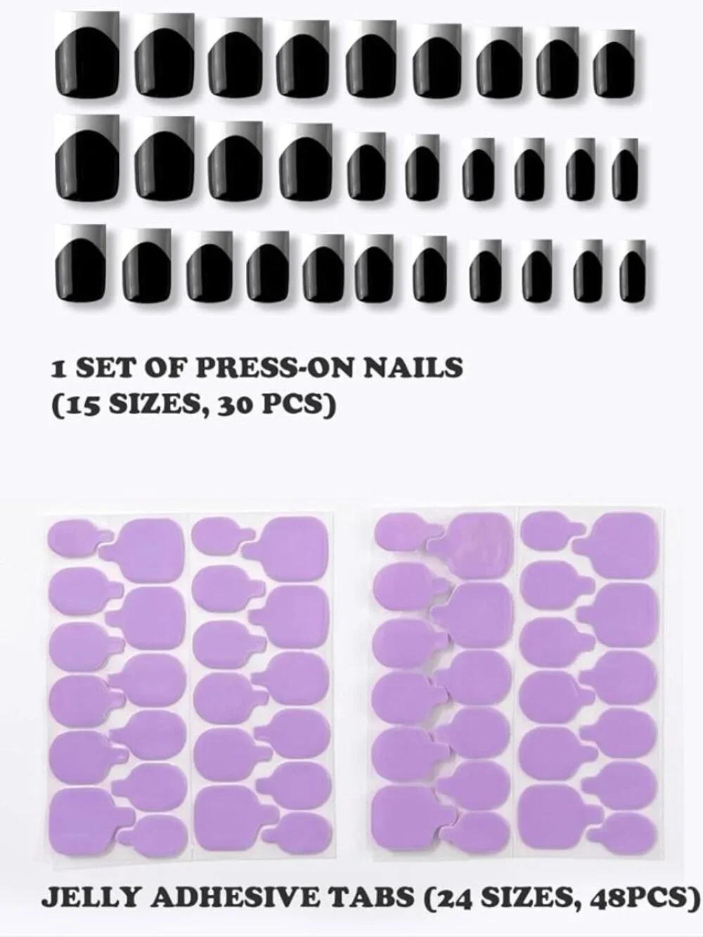 🖤New Halloween Black & White French Tip Press On Nails Kit Short Square 30pc🤍